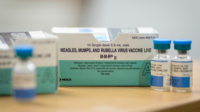 Boxes and vials of the Measles, Mumps, Rubella Virus Vaccine at a vaccine clinic put on by Lubbock Public Health Department on March 1, 2025 in Lubbock, Texas.