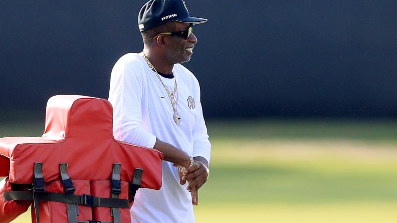 University of Colorado Head Coach Deion Sanders watches the Buccaneers go thru a drill during Training Camp on July 23, 2025 at the AdventHealth Training Center at One Buccaneer Place in Tampa, Florida