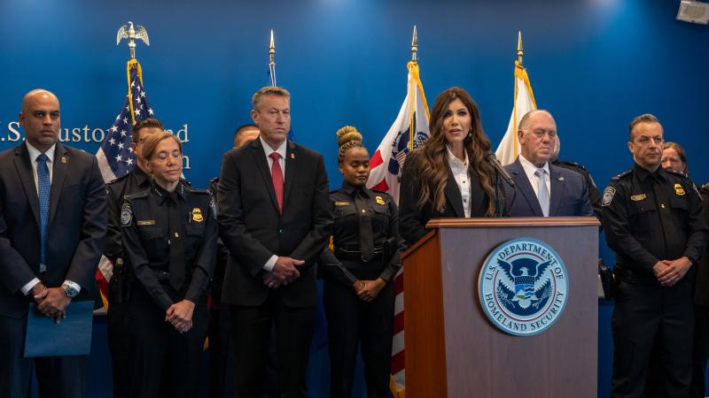Homeland Security Secretary Kristi Noem Holds News Conference In NYC After Off Duty Customs Officer Shot On Saturday 