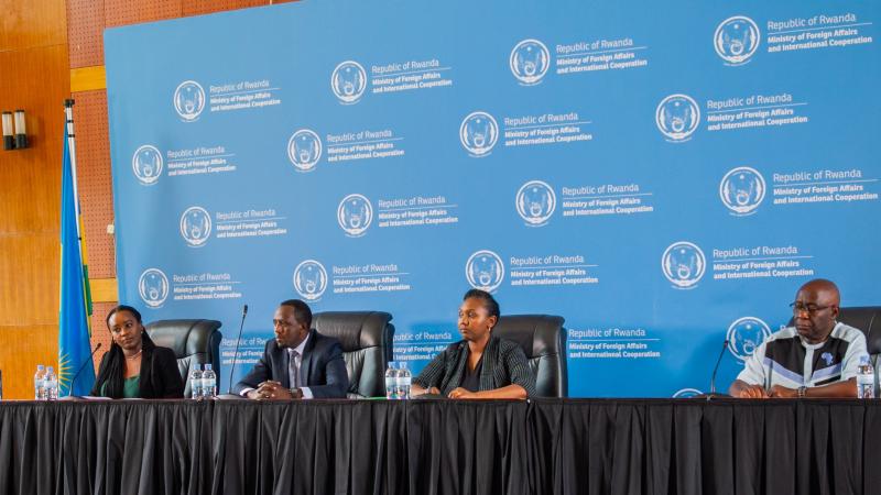 Rwanda's government spokesperson Yolande Makolo (2nd R), deputy government spokesperson Alain Mukurarinda (R), Ministry of Emergency Management representative Philippe Habinshuti (2nd L) and Ministry of Justice adviser Doris Uwicyeza Picard (L) hold a press conference at the Rwandan Ministry of Foreign Affairs building in Kigali, Rwanda on June 14, 2022