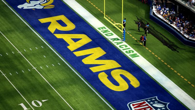 A general view of signage in the end zone that reads, "End Racism" during the first quarter between the Los Angeles Rams and the Detroit Lions at SoFi Stadium on October 24, 2021 in Inglewood, California. 