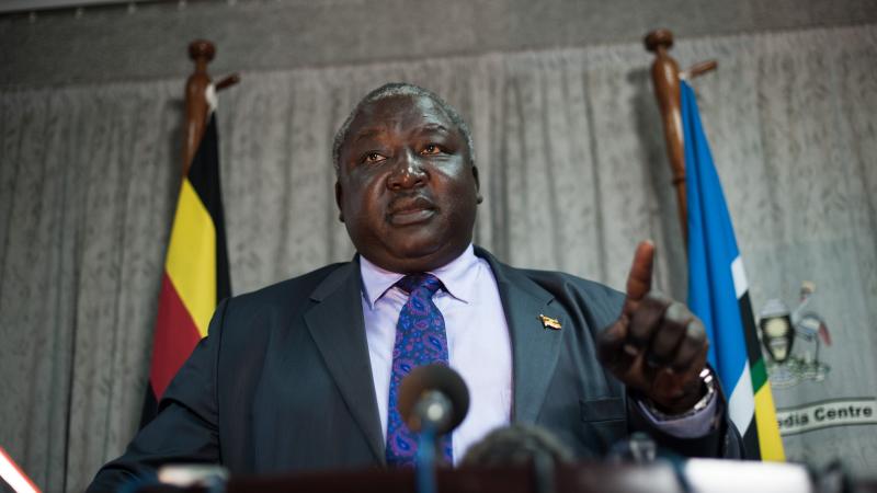 Henry Okello Oryem, the Ugandan Minister for Foreign Affairs, speaks to members of the press in Kampala on October 17, 2012.