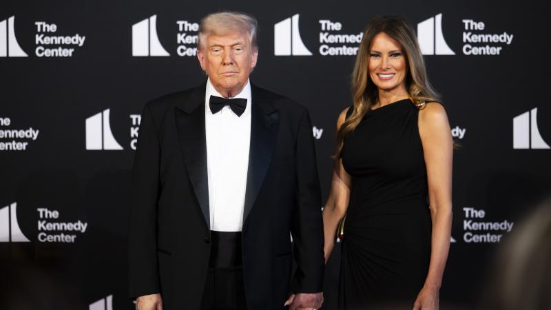 President Donald Trump and First Lady Melania Trump arrive for a showing of Les Misérables at the Kennedy Center on June 11, 2025 in Washington, DC.