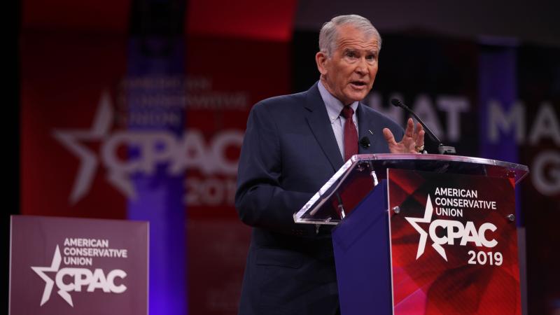 President of the National Rifle Association (NRA) Oliver North speaks during CPAC 2019 February 28, 2019 in National Harbor, Maryland