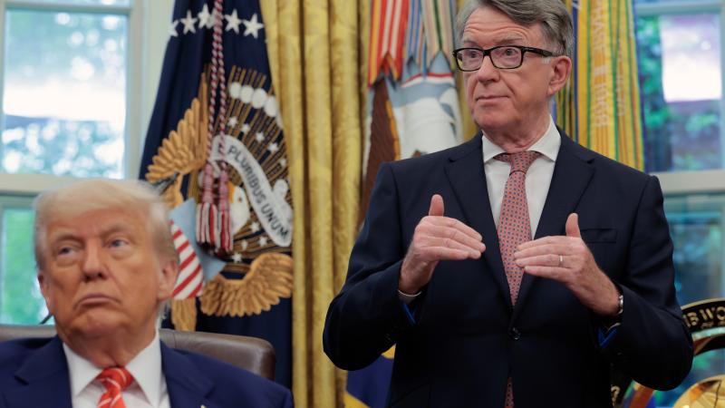 U.S. President Donald Trump along with Peter Mandelson, British Ambassador to the United States, address reporters in the Oval Office at the White House on May 08, 2025 in Washington, DC
