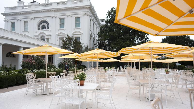 A view of chairs and a newly paved Rose Garden at the White House on August 19, 2025 in Washington, DC.