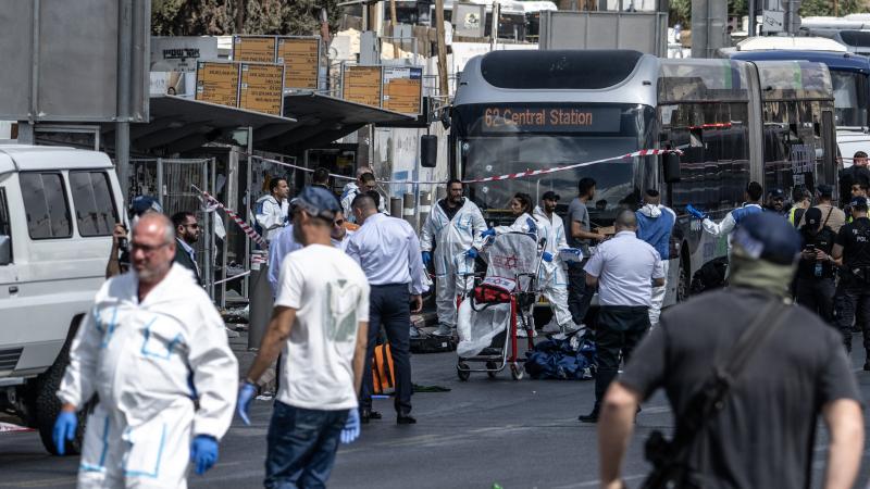 Teams on the scene after an armed attack at the Ramot Junction at the entrance to East Jerusalem on September 8, 2025