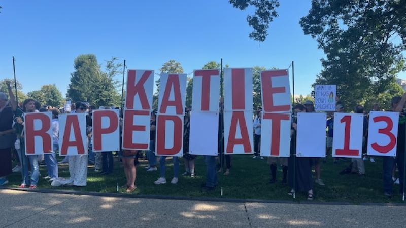 Demonstrators show up in support of Epstein victims during a press conference on Capitol Hill held by Reps. Thomas Massie and Ro Khanna