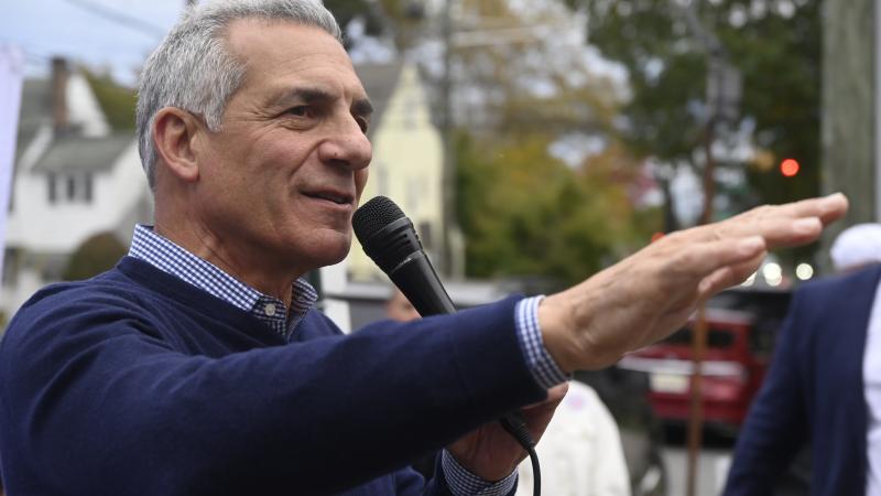 New Jersey Republican gubernatorial candidate, Jack Ciattarelli speaks to supporters at a bus tour event at Bloomfield College in Bloomfield, New Jersey