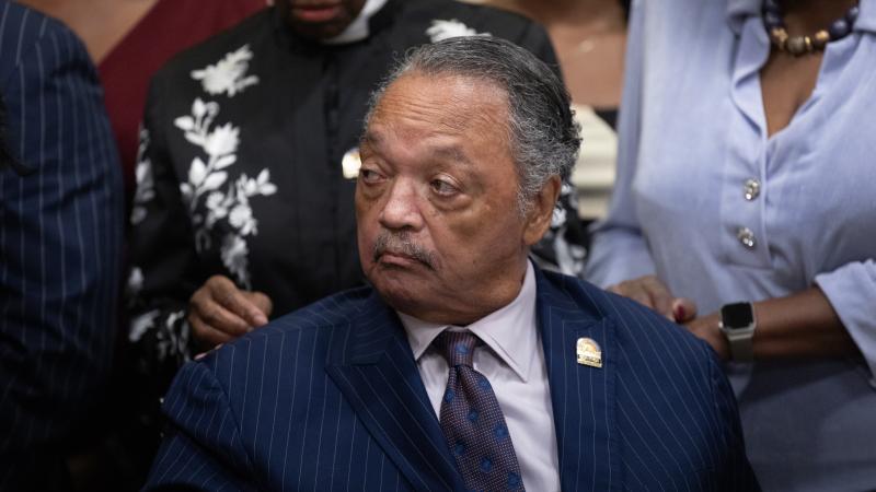 Civil Rights leader Rev. Jesse Jackson visits with guests at the National Bar Association's annual convention on July 31, 2025 in Chicago, Illinois
