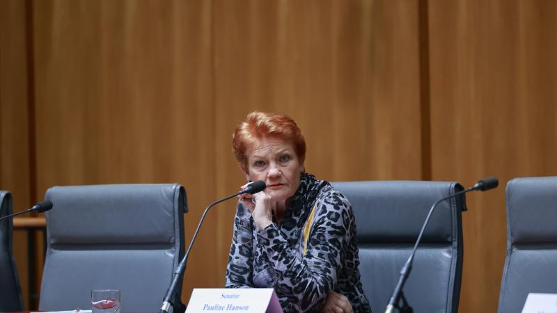 Senator Pauline Hanson attends the Senate Legal and Constitution Affairs Legislation Committee at Parliament House on October 08, 2025 in Canberra, Australia