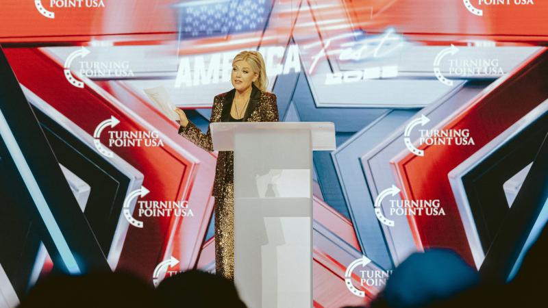 Turning Point USA CEO Erika Kirk, widow of right-wing political activist Charlie Kirk, speaks during Turning Point's annual AmericaFest conference in Phoenix, Arizona