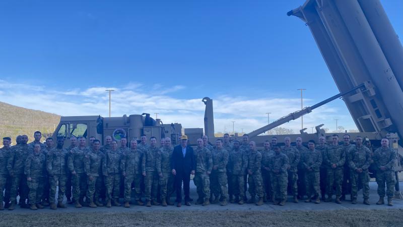 Hegseth with Soldiers in front of THAAD