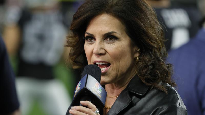 NBC "Sunday Night Football" sideline reporter Michele Tafoya speaks before a game between the Los Angeles Chargers and the Las Vegas Raiders at Allegiant Stadium on January 9, 2022 in Las Vegas, Nevada