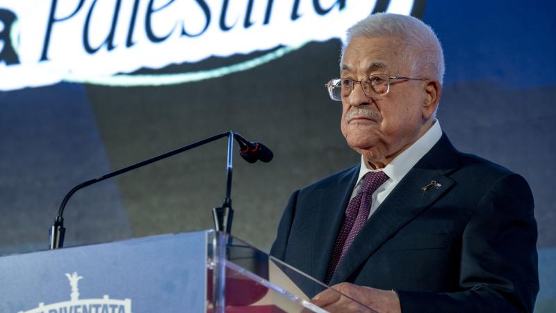 President of the Palestinian Authority Mahmoud Abbas delivers his speech during the 2025 Atreju political festival