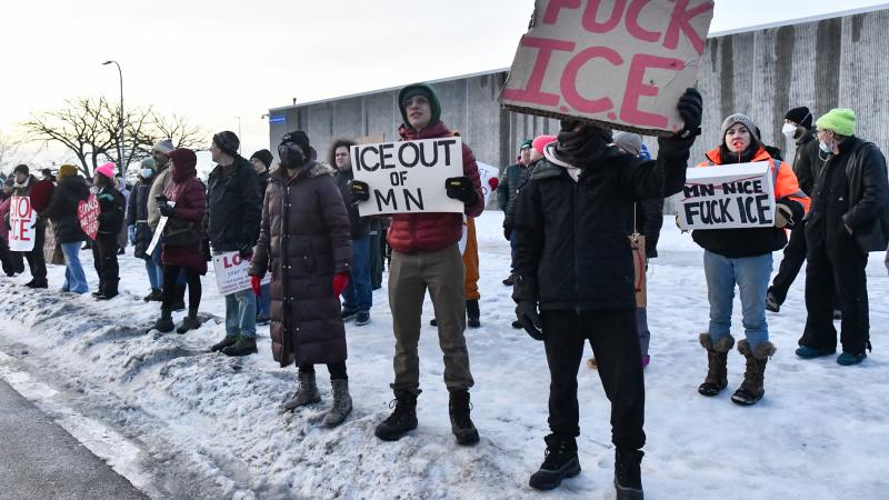 Protestors gather outside the Bishop Henry Whipple Federal Building in Saint Paul, Minnesota, on January 8, 2026.