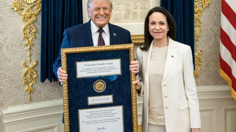 President Trump receives Nobel Peace Prize from Venezuelan opposition leader Maria Corina Machado 