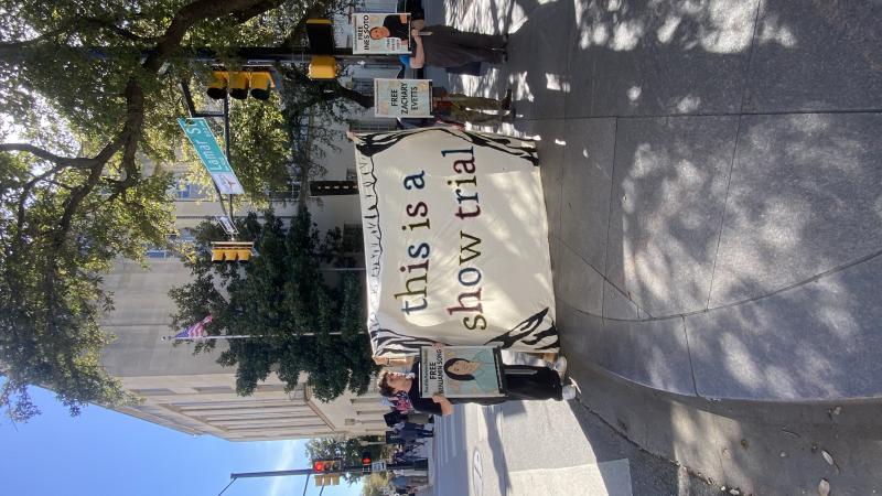  Demonstrators showing support for people accused of conspiring to commit terrorism at the Prairieland immigration detention center last summer gathered outside of the Eldon B Mahon United States Courthouse in Fort Worth on March 13, 2026. 