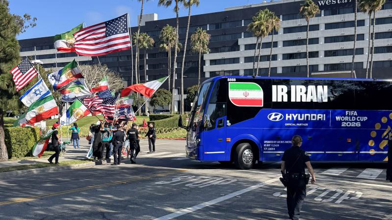 Iran national team arrives to demonstrators outside L.A. Hotel