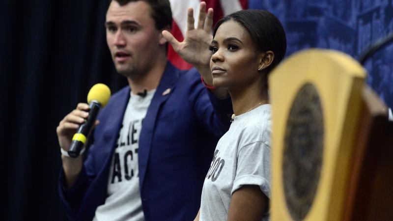 Candace Owens and the late Charlie Kirk speak at the University of Colorado Boulder on Oct. 3, 2018.