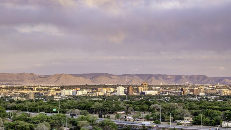 Downtown Albuquerque, New Mexico, at sunset.