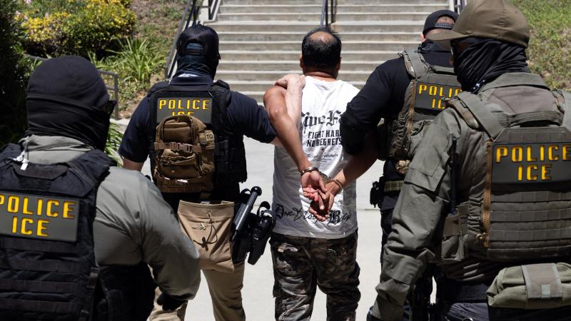 Immigration and Customs Enforcement (ICE) agents walk a detainee out of the Ventura County Government Center in Ventura, California, on July 27, 2026. 