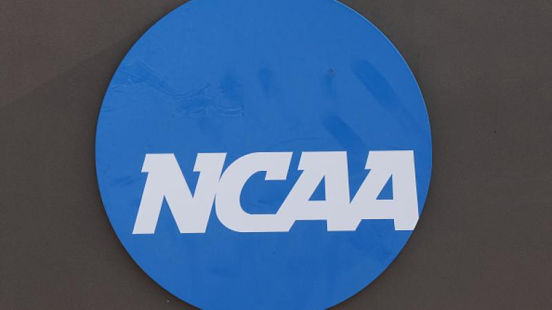 The NCAA logo is shown at the NCAA's National Headquarters before the National Championship of the 2026 NCAA Men's Basketball Tournament between the Michigan Wolverines and the Connecticut Huskies at Lucas Oil Stadium on April 06, 2026 in Indianapolis, Indiana. 