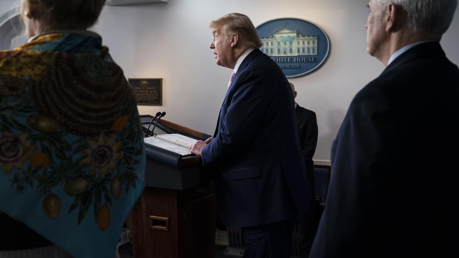 President Trump at a coronavirus press briefing Sat., Apr 4