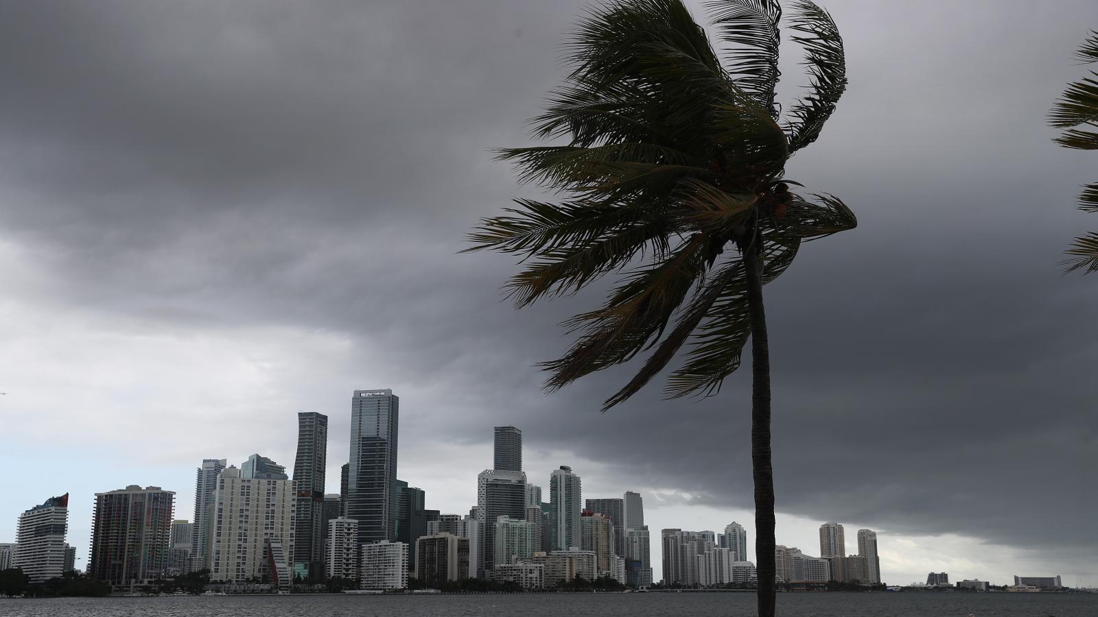 Storm clouds are seen over the city as Hurricane Isaias approaches the east coast of Florida.
