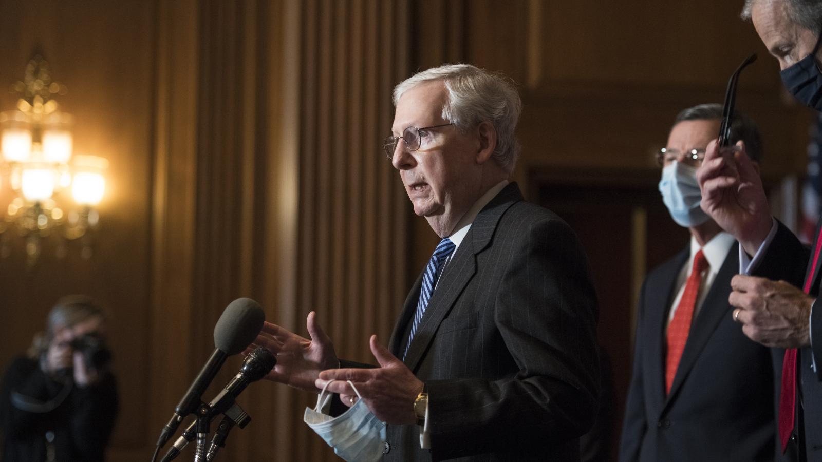 Senate Majority Leader Mitch McConnell (R-KY) speaks during a news conference following the weekly meeting with the Senate Republican caucus at the U.S. Capitol on December 15, 2020 in Washington, DC.