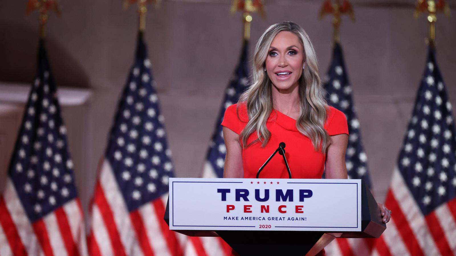  Lara Trump, daughter-in-law and campaign advisor for U.S. President Donald Trump, pre-records her address to the Republican National Convention from inside an empty Mellon Auditorium on August 26, 2020 in Washington, DC. 