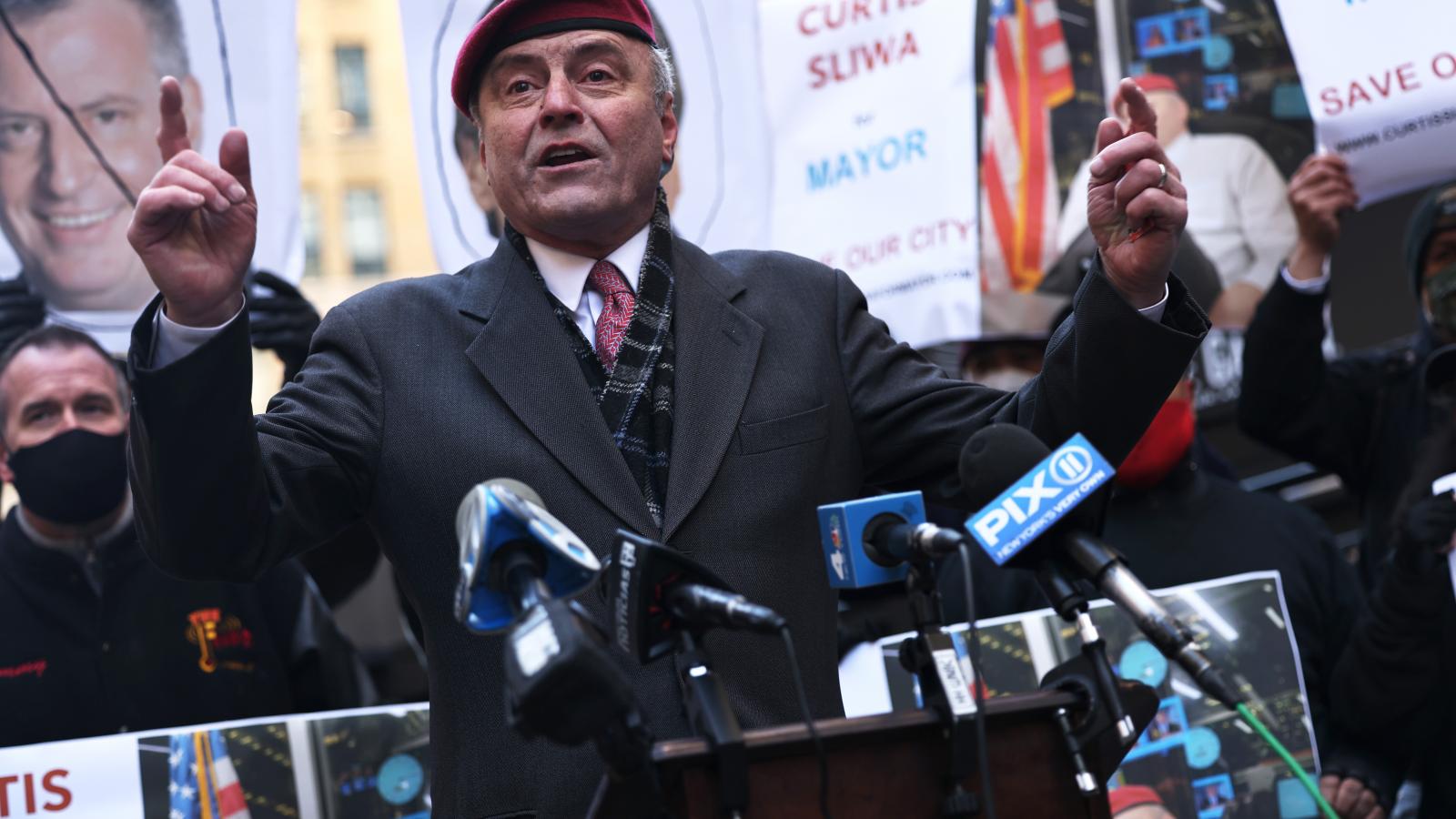 Guardian Angels Founder Curtis Sliwa speaks at a press conference announcing his candidacy for Mayor of NYC outside Madison Square Garden on March 15, 2021 in Midtown Manhattan in New York City.
