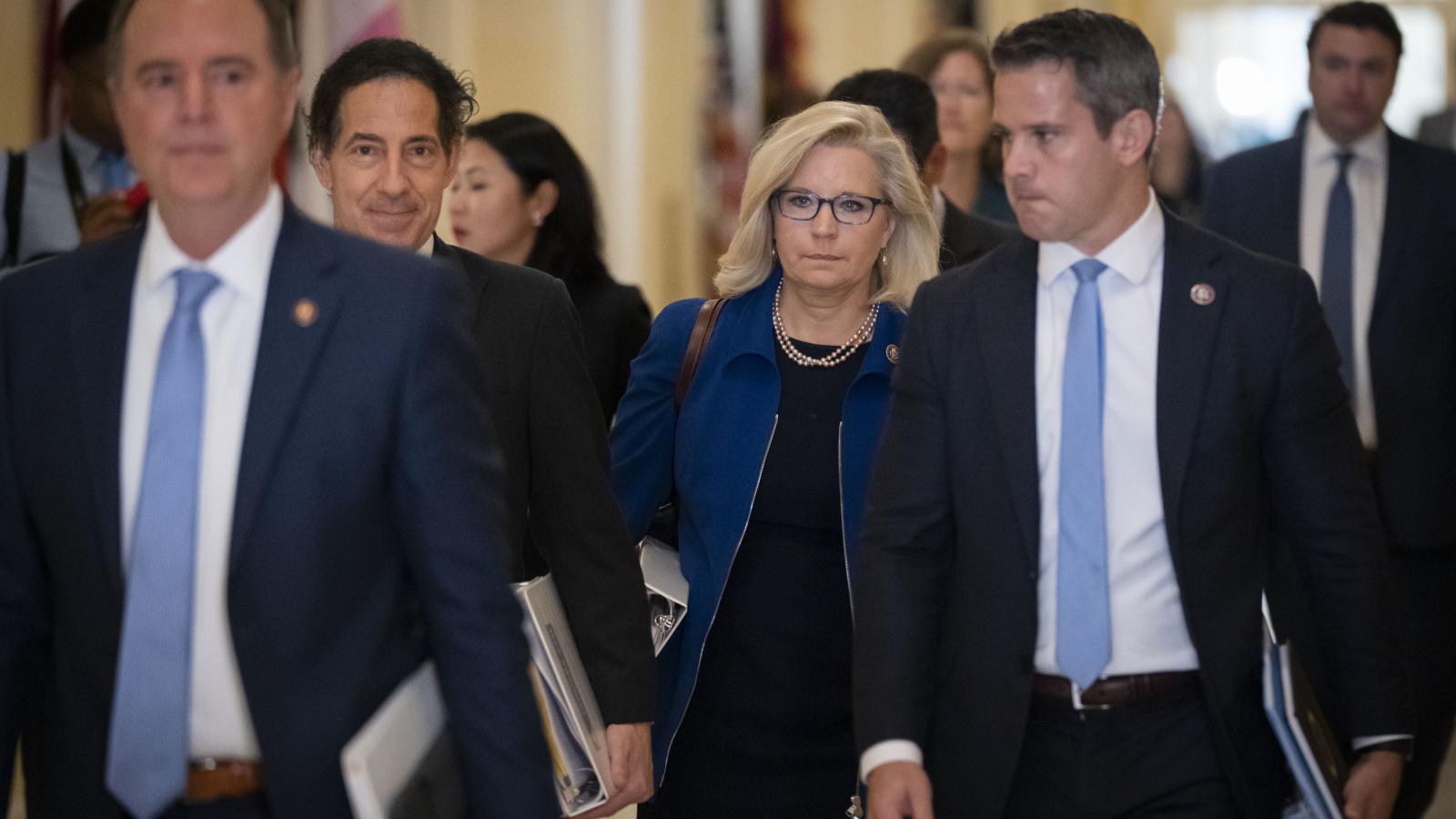 Rep. Adam Schiff (D-CA), Rep. Jamie Raskin (D-MD), Rep. Liz Cheney (R-WY) and Rep. Adam Kinzinger (R-IL) arrive for the House Select Committee hearing investigating the January 6 attack on the U.S. Capitol on July 27, 2021 at the Cannon House Office Building in Washington, DC.