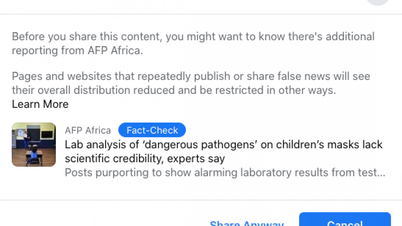 Facebook warning about Townhall.com face mask report