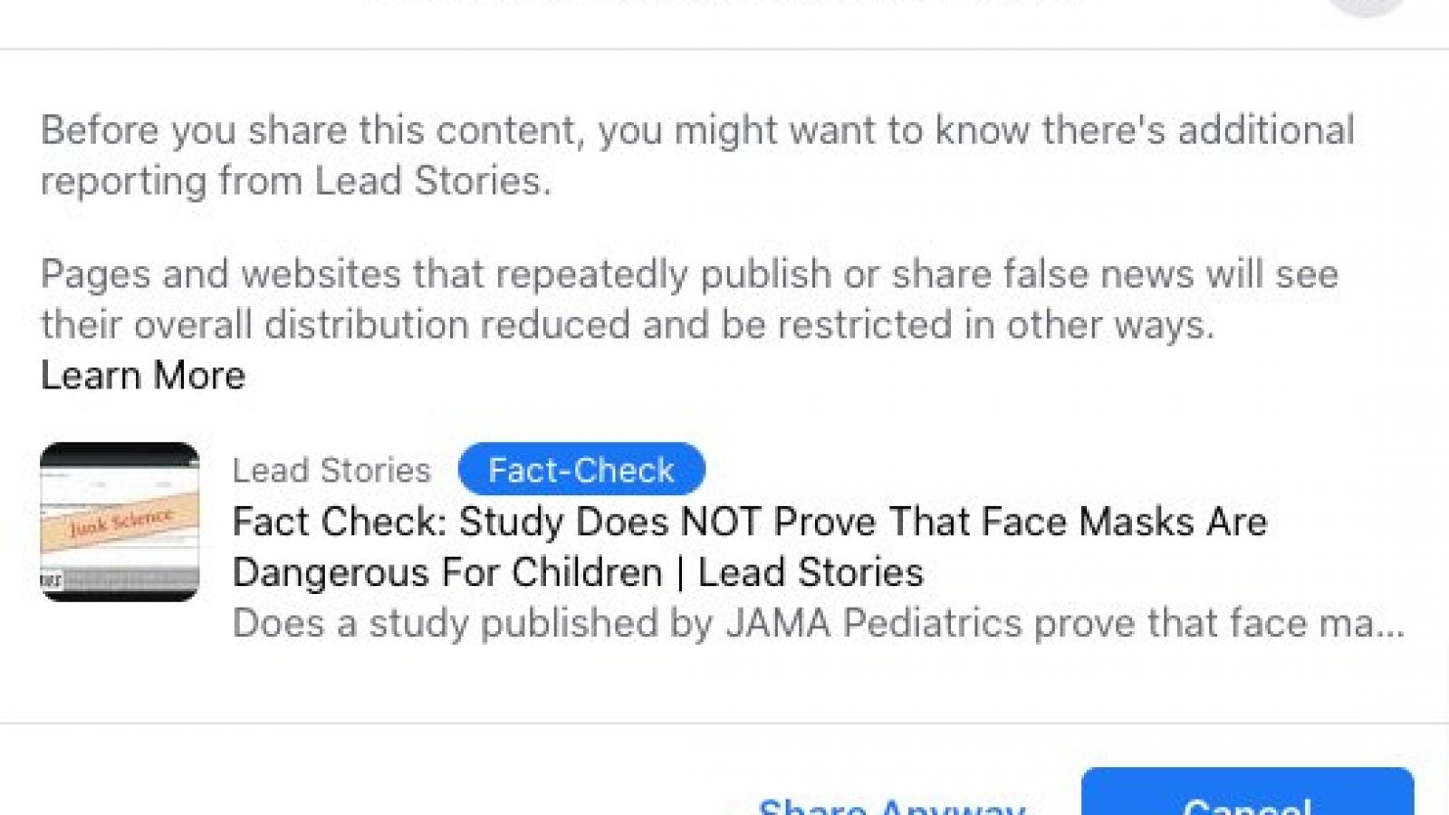 Facebook warning about JAMA Pediatrics study