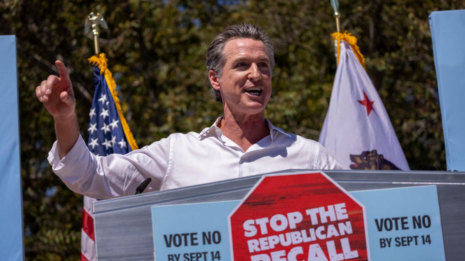 ov. Gavin Newsom addresses a "Stop the Republican Recall" rally as he campaigns