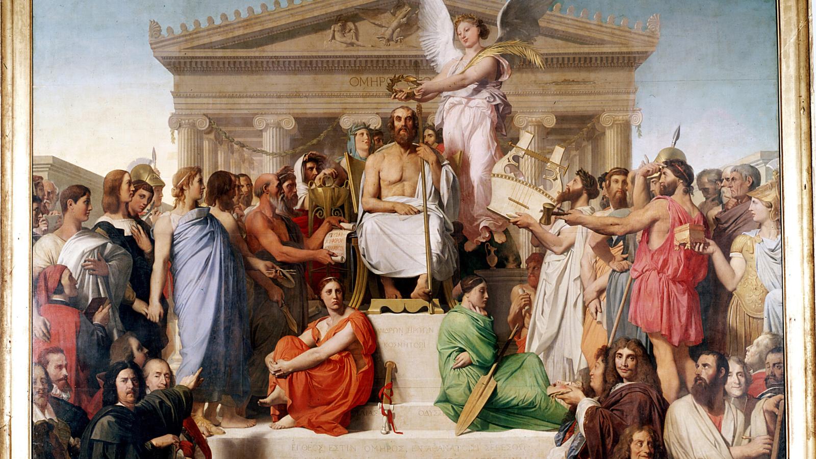 Homer surrounded by famous literary figures from Plutarch to Moliere.