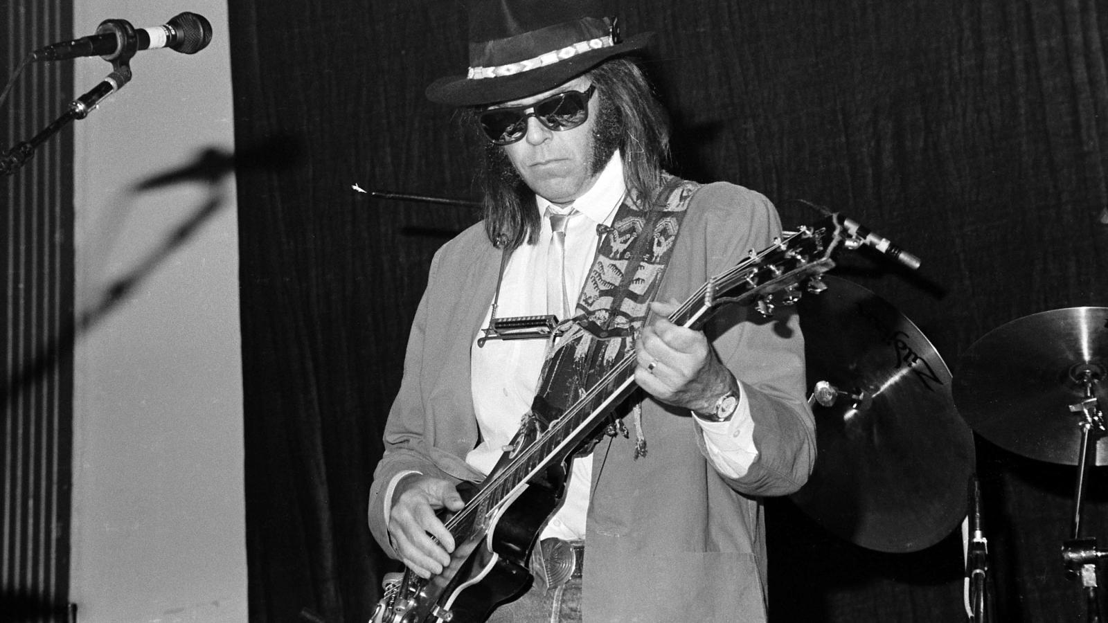 Neil Young And The Bluenotes perform at The World on APril 18, 1988 in New York City.