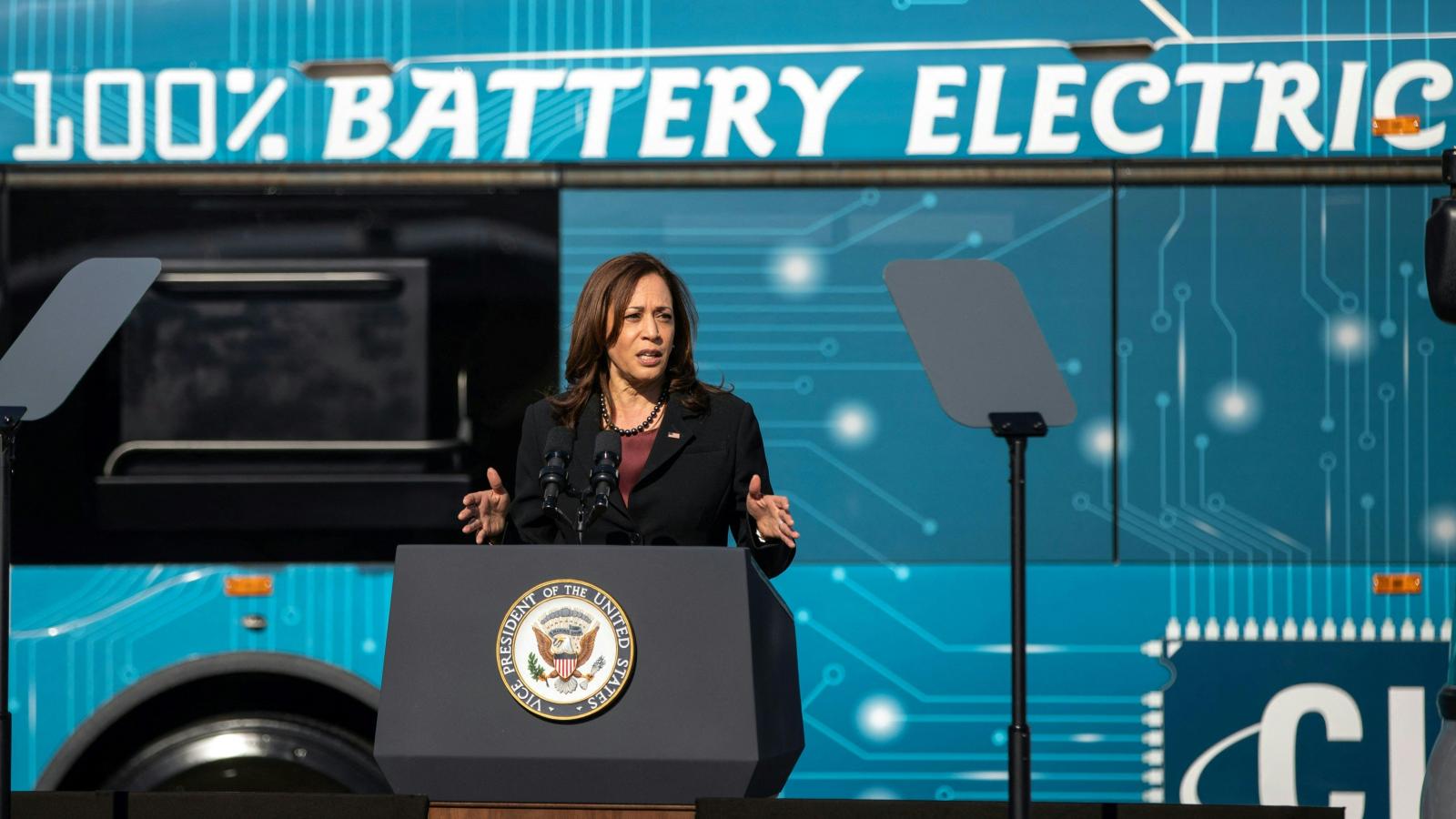 Vice President Kamala Harris gives remarks after touring the electric vehicle operations at Charlotte Area Transit Systems bus garage in Charlotte, North Carolina on December 2, 2020.