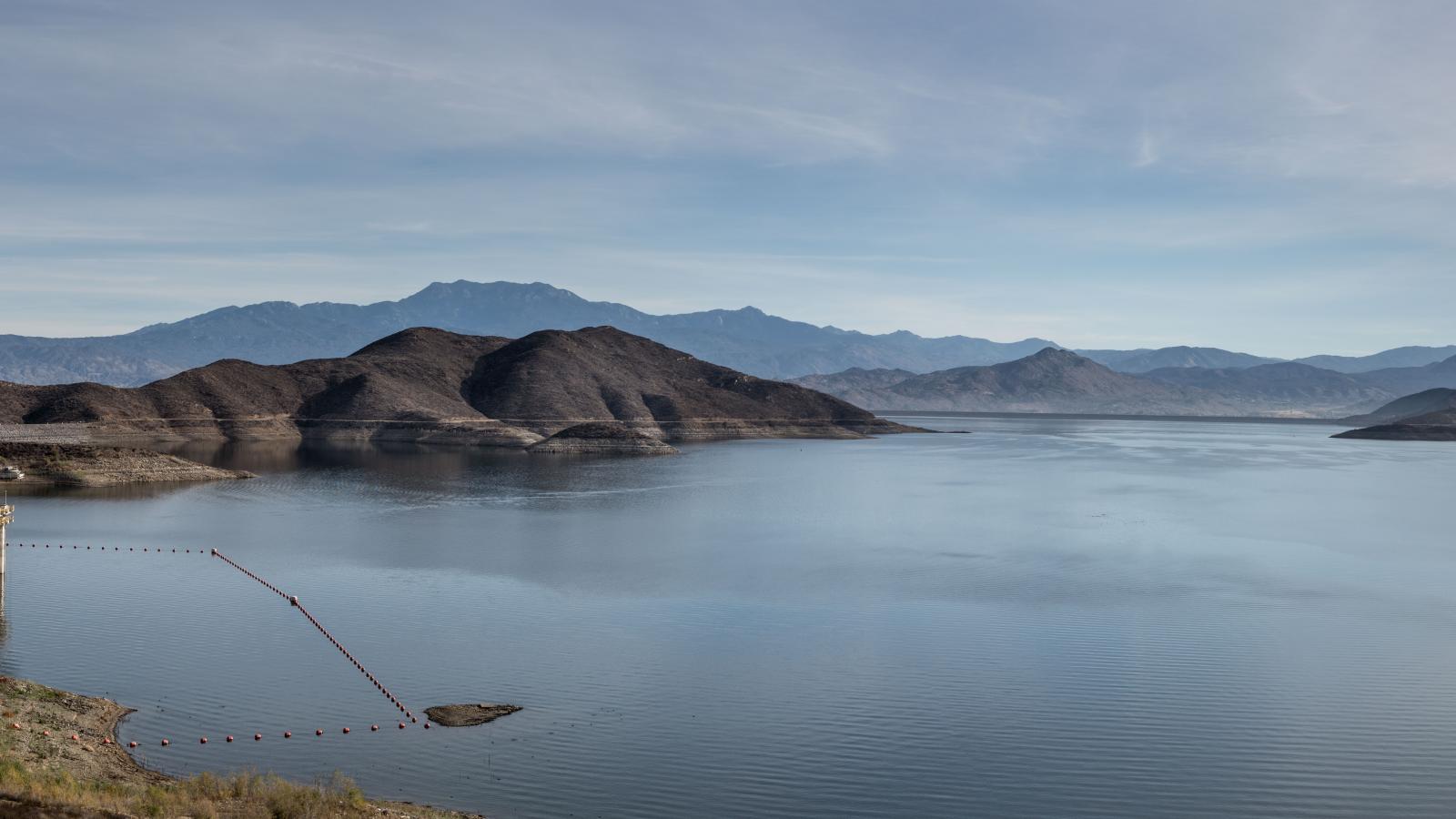 Diamond Valley Lake, one of Southern California's largest reservoirs (800,000 acre-feet) used primarily for drinking water and agriculture, is filled with water from the Colorado River and viewed at 75% capacity on the morning of November 18, 2021, near Hemet, California