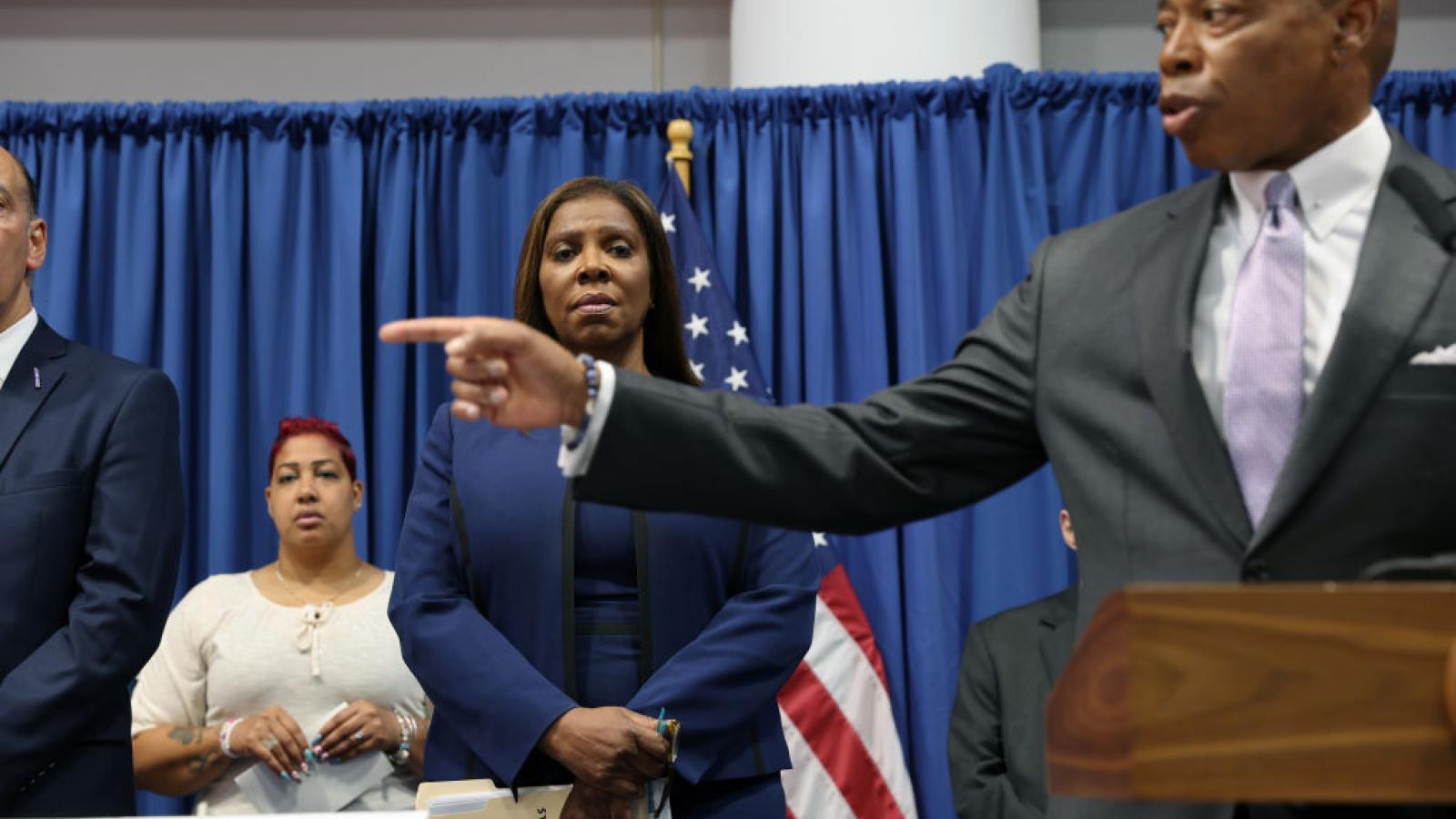 New York Attorney General Letitia James and city Mayor Eric Adams at a gun crime conference, June 29