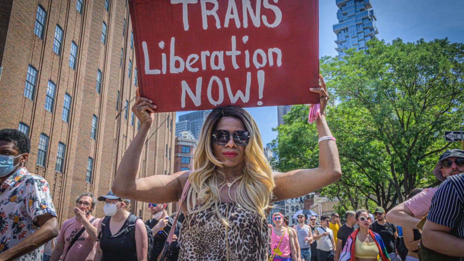 A pro-transgender protester in New York City, June 2022