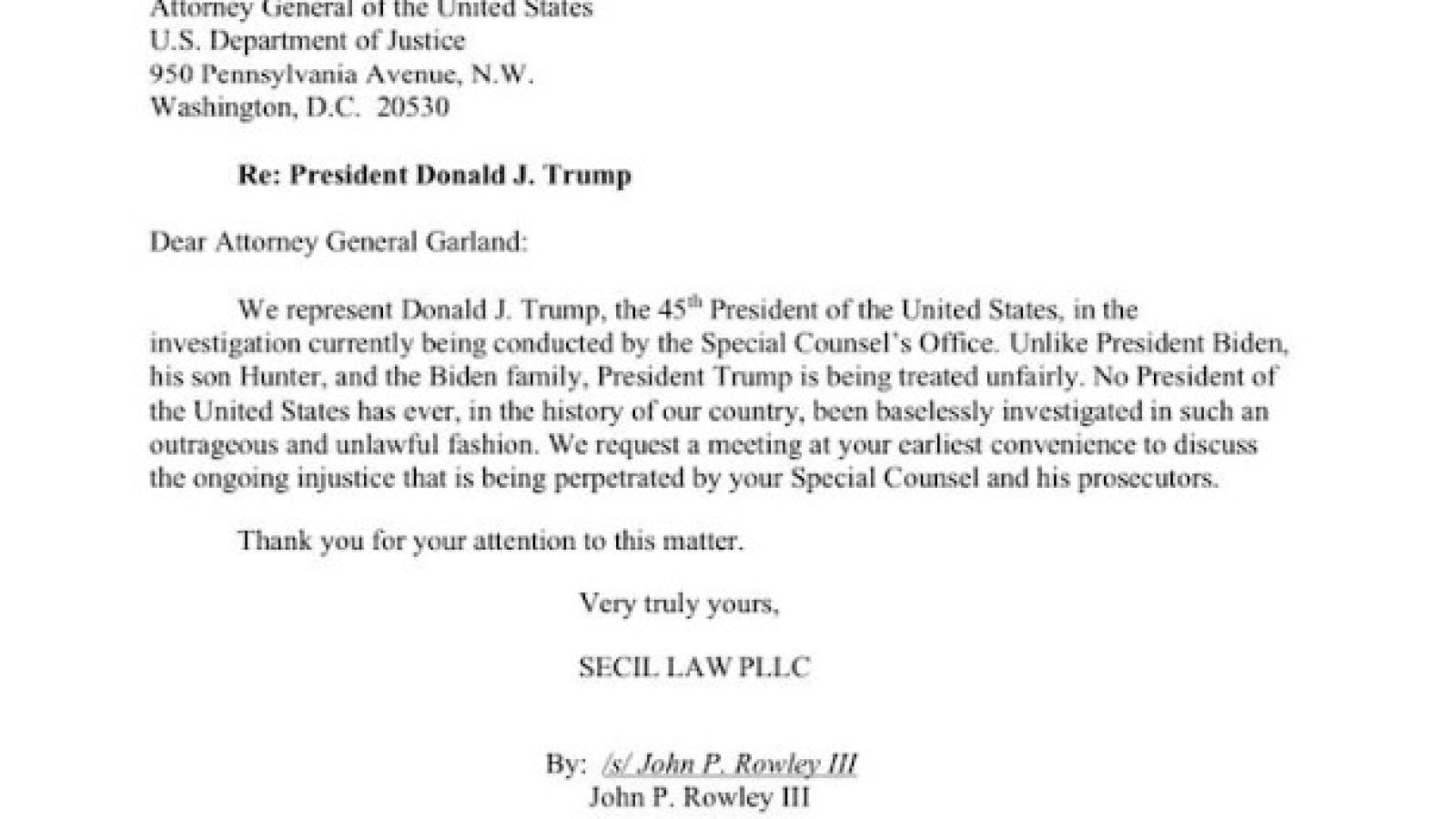 Trump attorneys letter to AG Garland