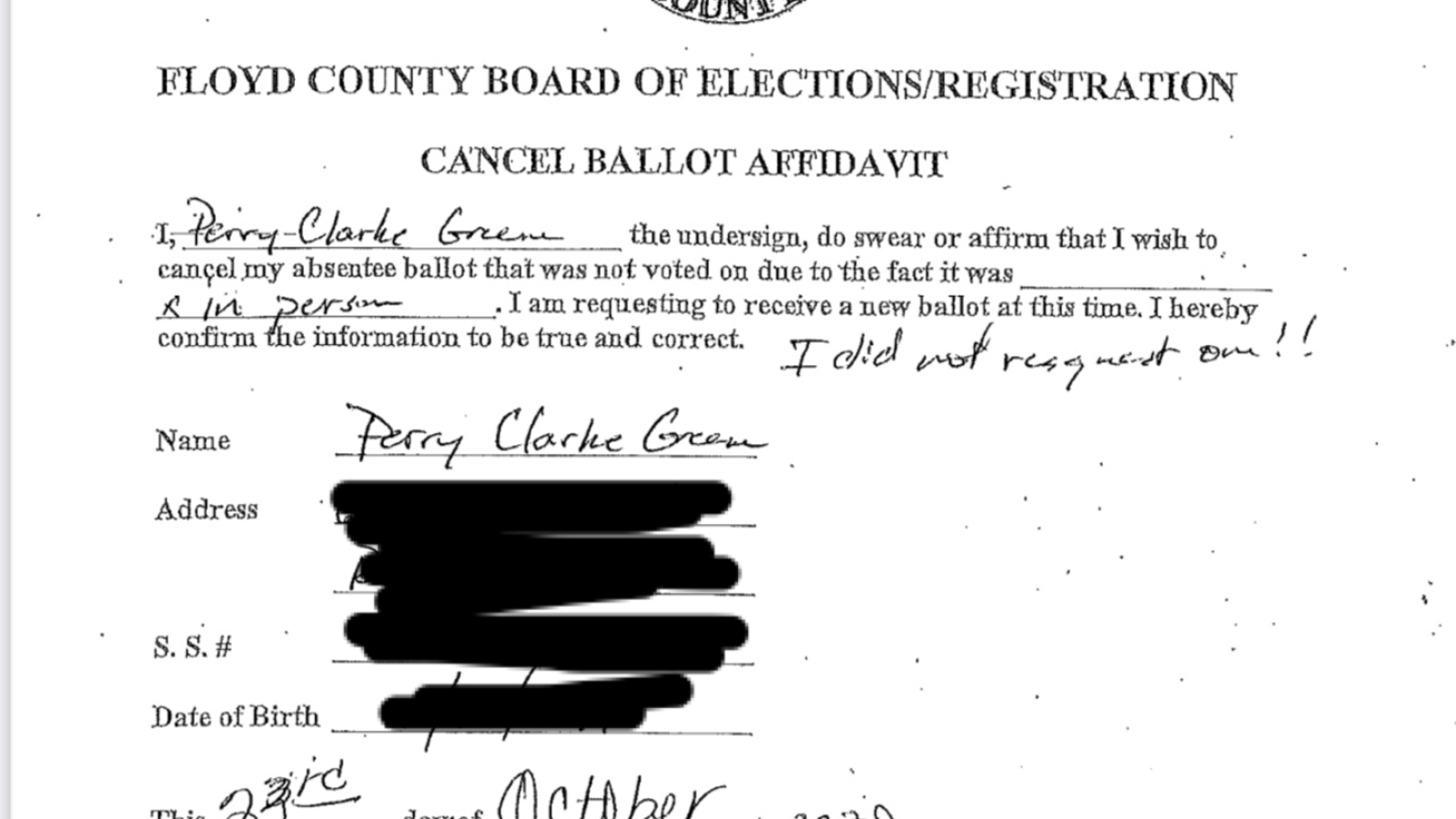 Perry Greene cancel ballot affidavit