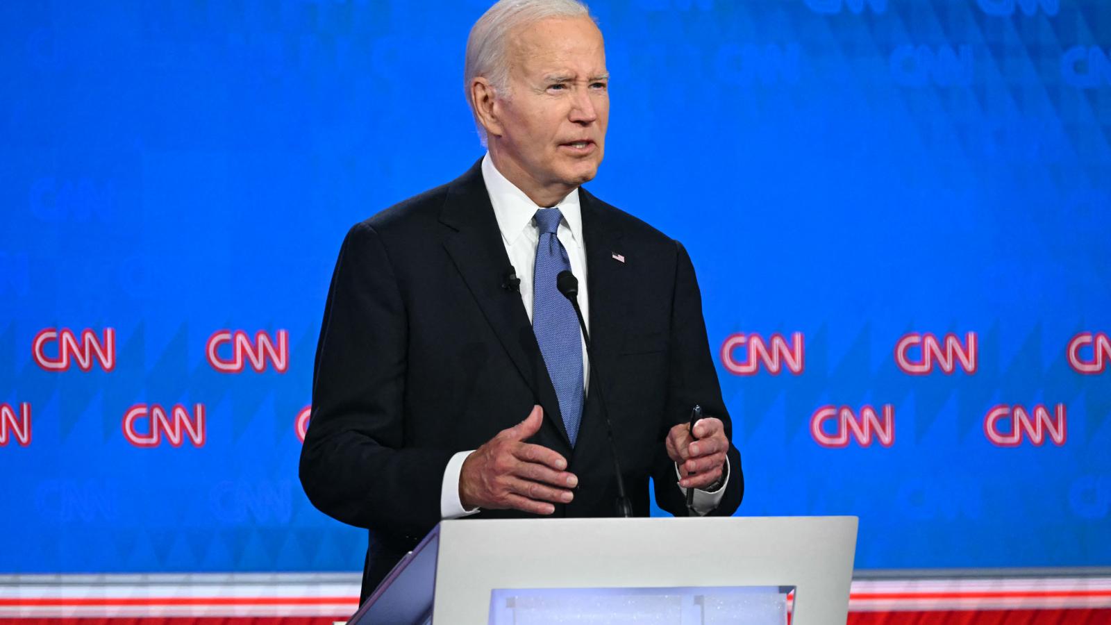 US President Joe Biden speaks as he participates in the first presidential debate of the 2024 elections with former US President and Republican presidential candidate Donald Trump at CNN's studios in Atlanta, Georgia, on June 27, 2024.