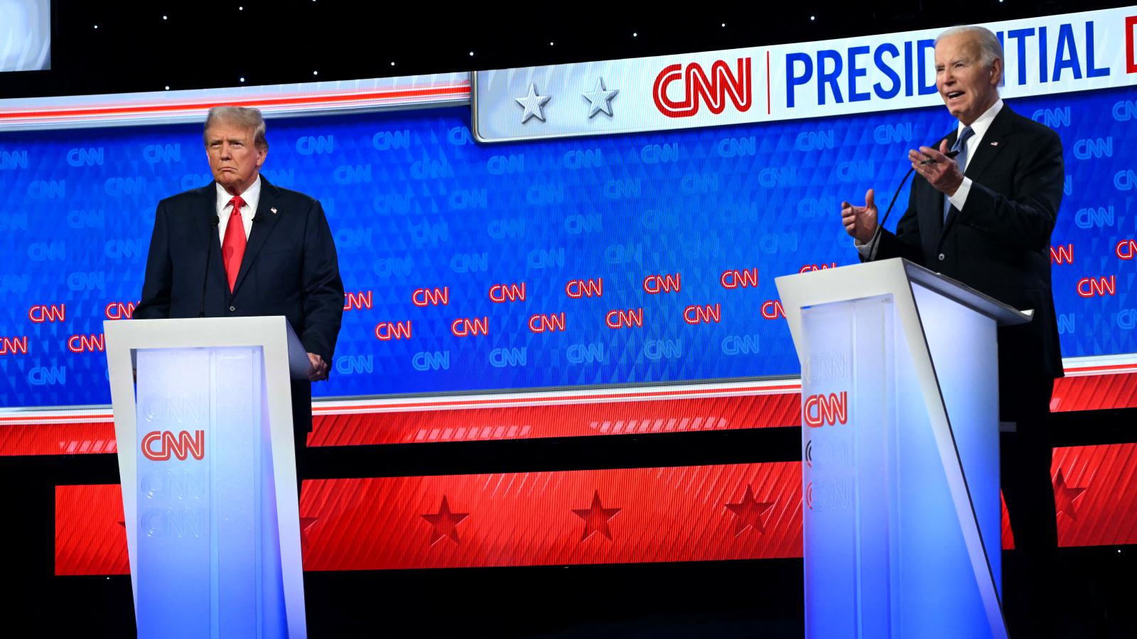 US President Joe Biden and former US President and Republican presidential candidate Donald Trump participate in the first presidential debate of the 2024 elections at CNN's studios in Atlanta, Georgia, on June 27, 2024.