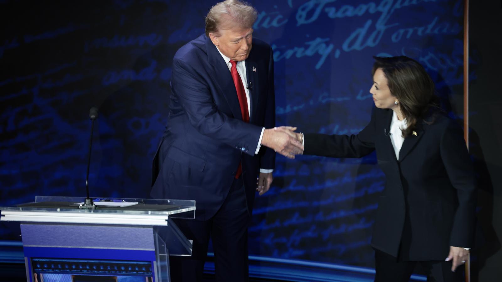 Republican presidential nominee, former U.S. President Donald Trump and Democratic presidential nominee, U.S. Vice President Kamala Harris greet as they debate for the first time during the presidential election campaign at The National Constitution Center on September 10, 2024 in Philadelphia, Pennsylvania