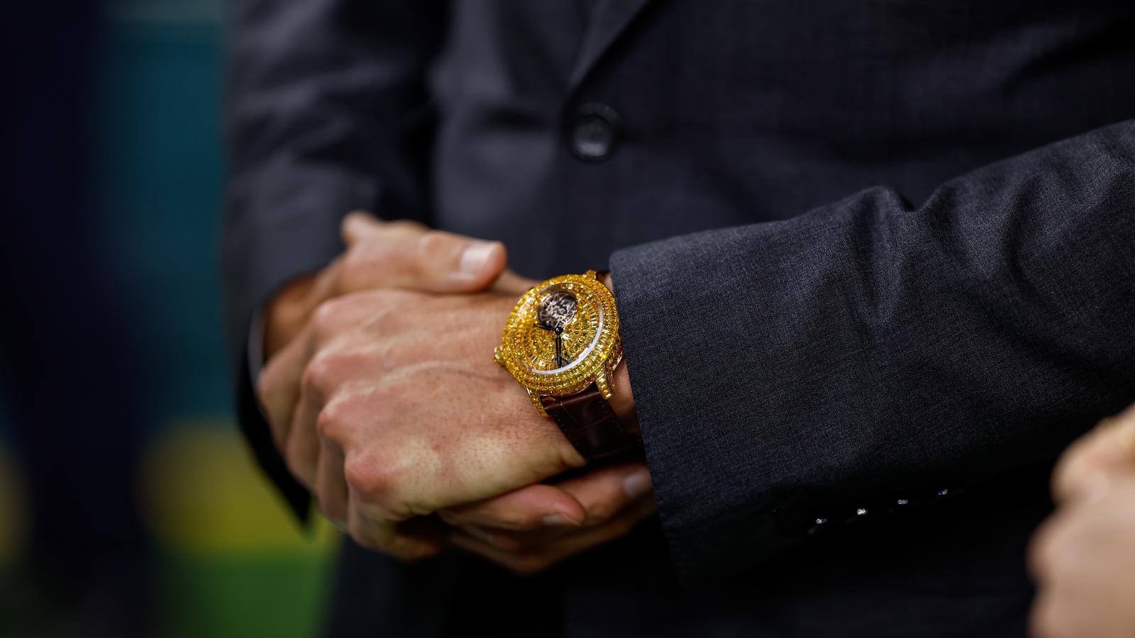  A detail view of retired football player and Fox Sports analyst Tom Brady's watch is shown prior to Super Bowl LIX between the Kansas City Chiefs and the Philadelphia Eagles at Caesars Superdome on February 09, 2025 in New Orleans, Louisiana.