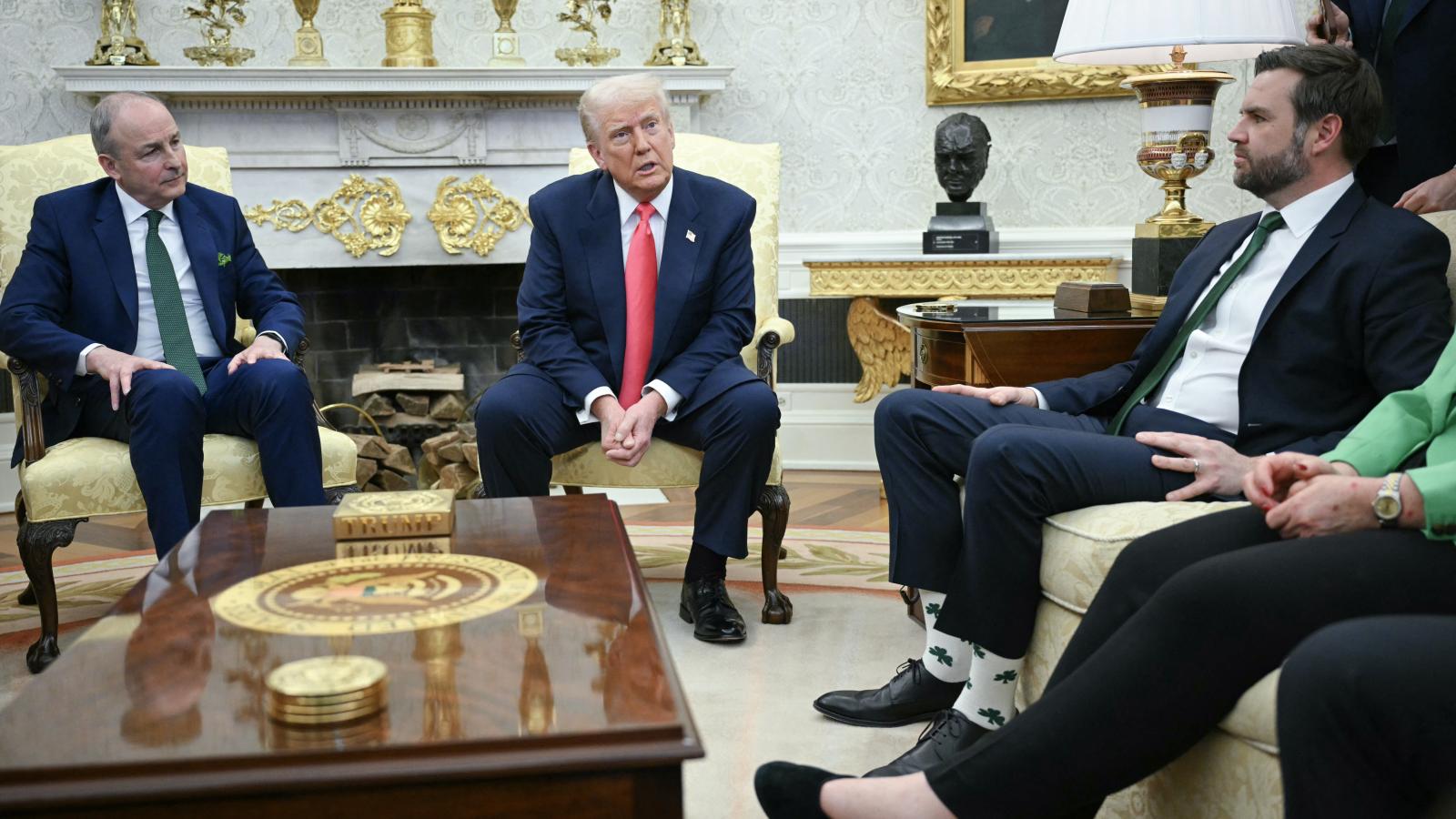 Donald Trump speaks to reporters as he meets with Irish Prime Minister Micheal Martin in the Oval Office of the White House in Washington, DC, on March 12, 2025
