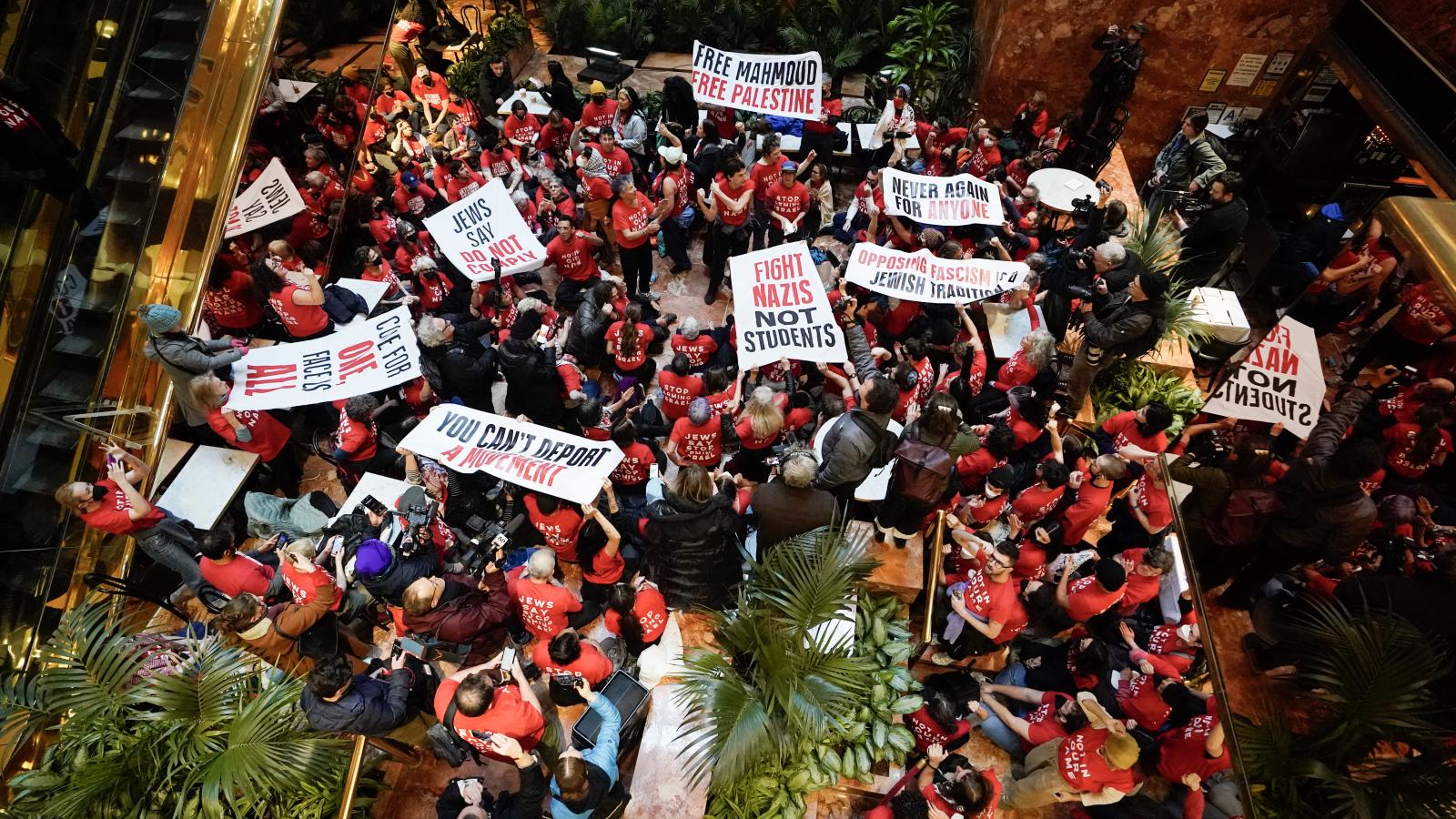 Demostrators from the human rights organiztaion Jewish Voice for Peace holds a civil disobedience action inside Trump Tower in New York on March 13, 2025